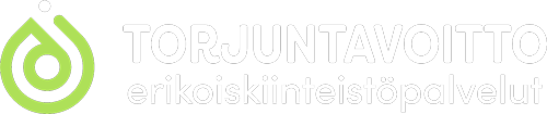 Torjuntavoiton valkoinen logo, jossa vihreä pisaratunnus ja teksti Torjuntavoitto erikoiskiinteistöpalvelut