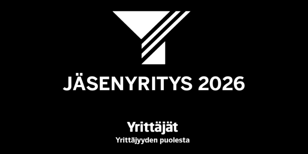 Suomen Yrittäjien jäsenyritys 2026 -tunnus mustalla pohjalla