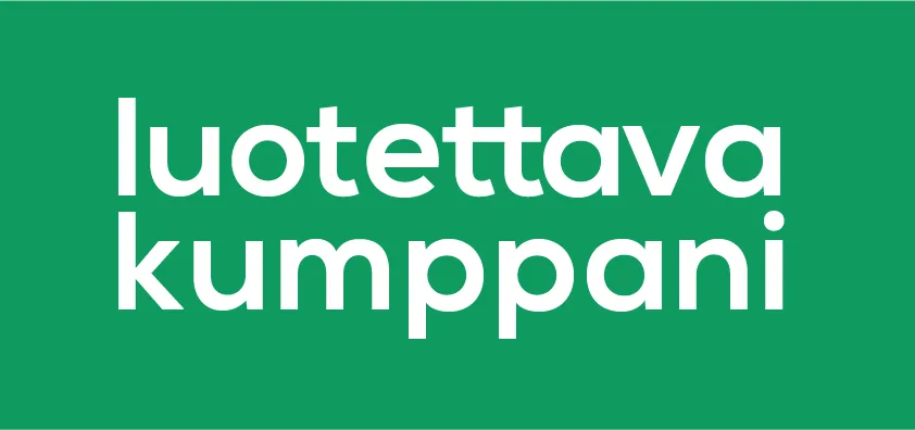 Luotettava Kumppani -tunnus valkoisella tekstillä vihreällä pohjalla